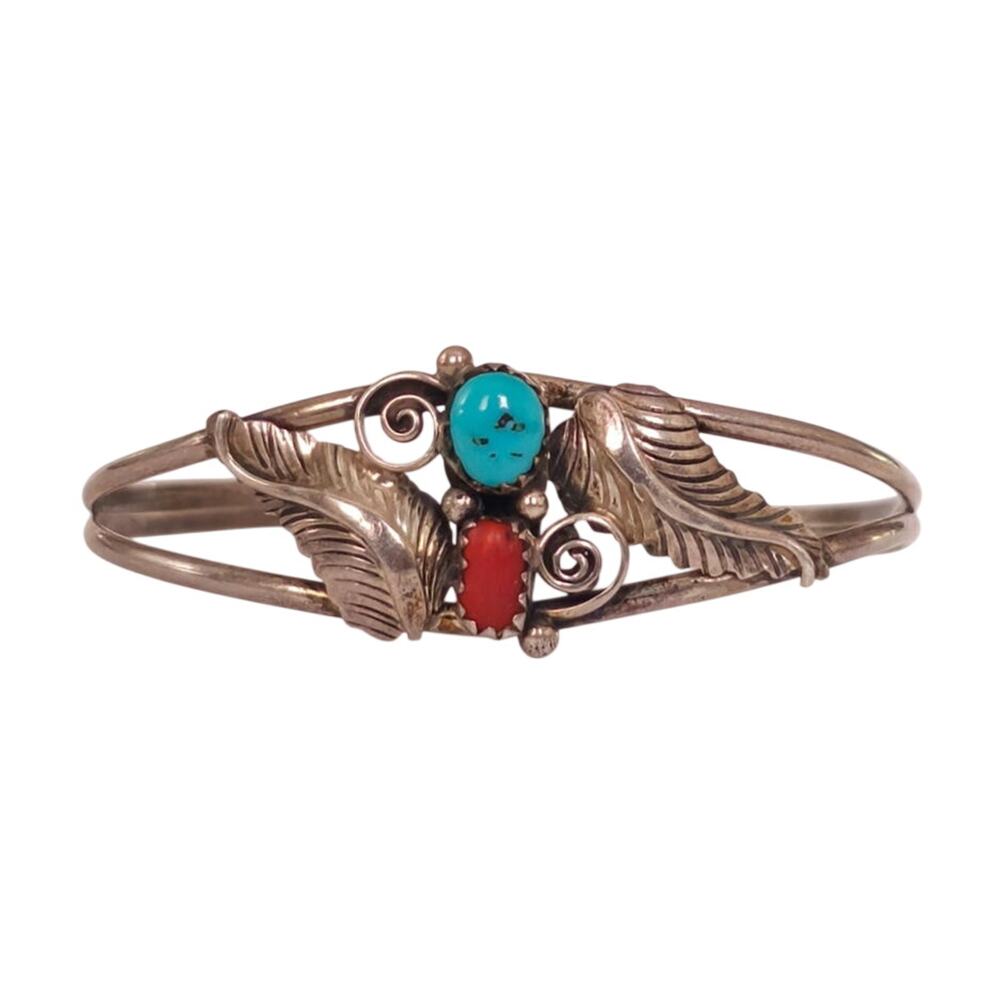 Vintage Navajo Sterling Silver Turquoise Red Coral Feather Cuff Bracelet